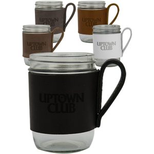 16 oz. Brewster Wide Mason Jars with Traverse Leather Sleeves  |   Mason Jars Glassware Mason Jars